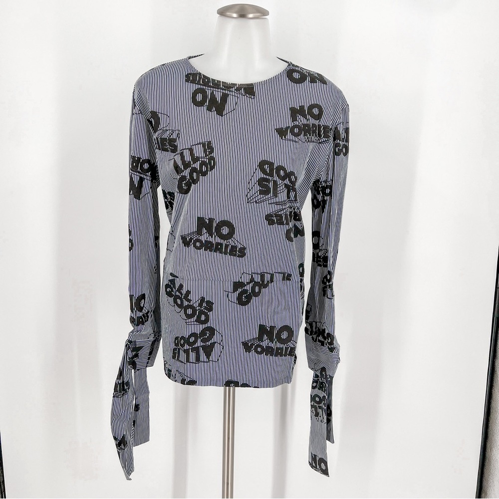 Zara Trafaluc Blue Long Sleeve NO WORRIES ALL IS GOOD Shirt Top